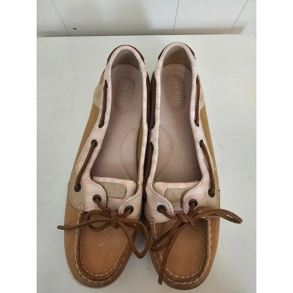 Sperry Boat Shoes Womens 9.5 Tan Pink Striped Leather Nautical STS88624